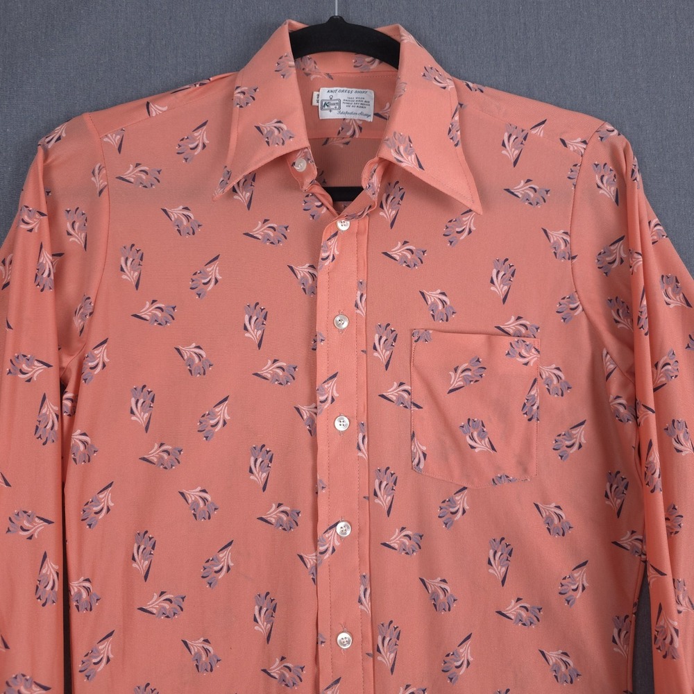 Vintage 1970s Kmart Dagger Collar Knit Shirt Mens 15.5 34 Nylon Floral AOP Disco